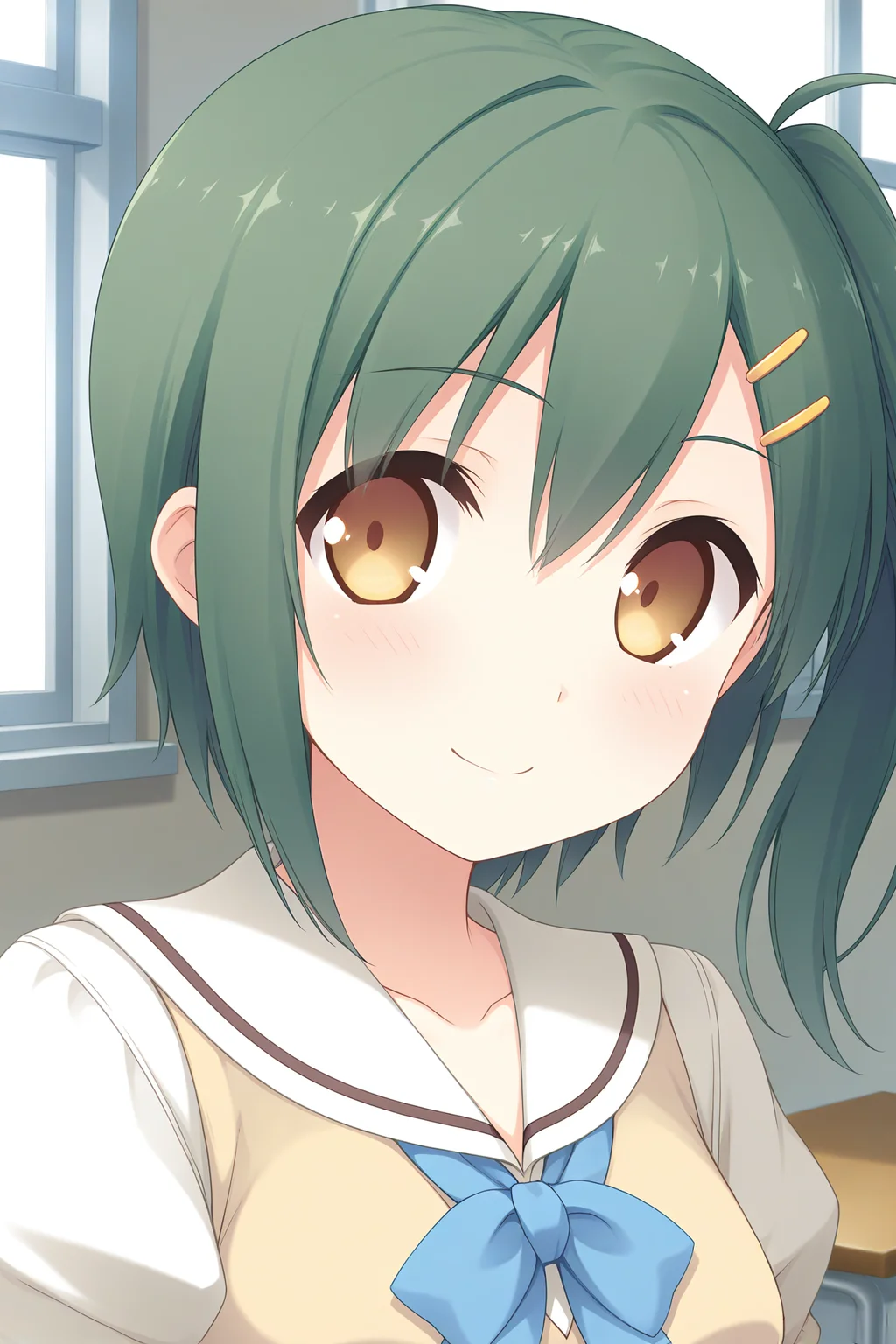 masterpiece, best quality, absurdres, official art, official style, rating general BREAK <lora:enomotokaho_IL_v1-1:0.7>, enomoto kaho, 1girl, solo, yellow eyes, brown eyes, green hair, short hair, hairclip, hair between eyes, side ponytail, small breasts, school uniform, serafuku, white sailor collar, blue bowtie, collarbone, white shirt, yellow sweater vest, juliet sleeves, buttons, upper body, portrait, close-up, classroom,
blush, closed mouth, looking at viewer, smile
