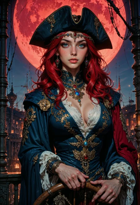 high quality, super realistic, pirate hat, a 20-year-old Pirate Maiden with a celestial beauty rivaling the stars, Picture her poised at the helm of a grand pirate ship, her silhouette defined against the shimmering night sky of a crimson moon, The vessel itself is a maritime masterpiece, adorned with intricate carvings, polished brass embellishments, and an array of mystical symbols, The Scarlet Moonlit Pirate dons a resplendent ensemble blending midnight blues with silvery hues, adorned with delicate lace and glistening gemstones, A star-like pendant gracefully hangs around her neck, emphasizing her bewitching aura