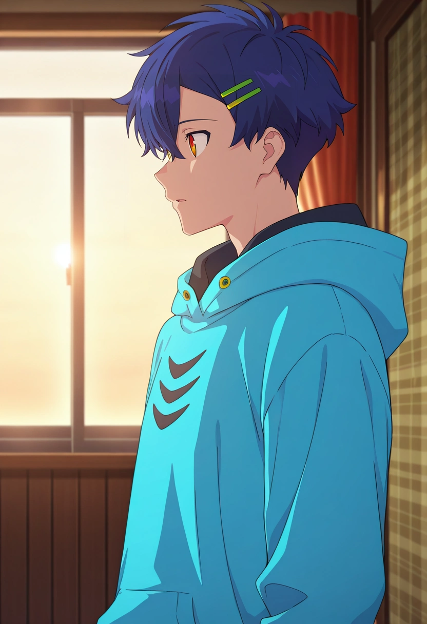 masterpiece, best quality, intricate details, anime screencap, anime coloring, official style, , 1boy, solo, male focus, <lora:yomogi_asanaka_ilxl:1>, yomogi_asanaka, blue hair, orange eyes, short hair, bangs, hair between eyes, hairclip, hoodie, profile, prairie, indoors, light, arms at sides, speaking, talking, Ski pants, Paisley SlateGray Gingham Denim shirt, , ,