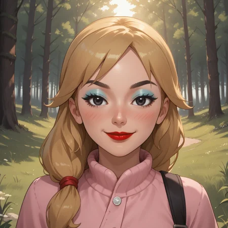score_9, score_8, BREAK, solo, wii, mii, wii sports, 1girl, female mii, cute, attractive, blonde hair, black eyebrows, makeup, blush, blue eyeshadow, red lips, lipstick, pink clothing, white pants, sandals, breasts, nintendo mii, modern_mii, classic_mii, Haruko_(OC_Mii), black eyes, sexy pose, self portrait, smile, outdoors, sunlight, shadows, evening lighting, natural lighting, forest, trees, grass, orange sky, sunset