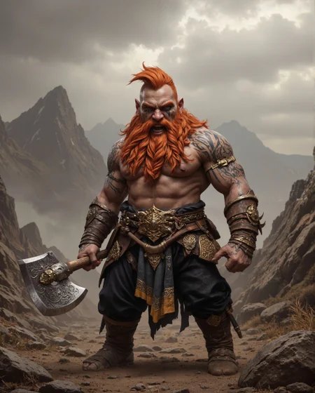 a fierce dwarven warrior in a detailed fantasy art style, standing aggressively against misty mountains. The most striking feature is his magnificent red-orange beard, intricately braided into multiple plaits extending down his chest, matched by a mohawk-style haircut of the same vibrant color. The dwarf combines traditional fantasy elements with a savage, barbaric aesthetic. His muscular upper body is largely exposed, showcasing elaborate blue tribal tattoos swirling across his shoulders and arms in Celtic-inspired patterns. He wears dark leather pants with metal and leather accessories, along with ornate golden arm bands and bracers featuring detailed dwarven engravings. In his hands, he wields two massive battle axes decorated with golden inlays and intricate patterns. The axe heads feature distinctive angular designs and detailed metalwork. His facial expression conveys intense battle rage, with bared teeth and a fierce grimace. chain necklace complete his warrior appearance. background features craggy mountain peaks shrouded in brownish-grey mist, creating a moody atmosphere. The artistic style is semi-realistic, with careful attention to beard texturing, weapon designs, and interplay of light and shadow. Rather than full plate armor, the emphasis is on physical power and tribal elements while The composition draws viewers from his fierce face to his weapons, creating a complete picture of raw power and martial prowess.