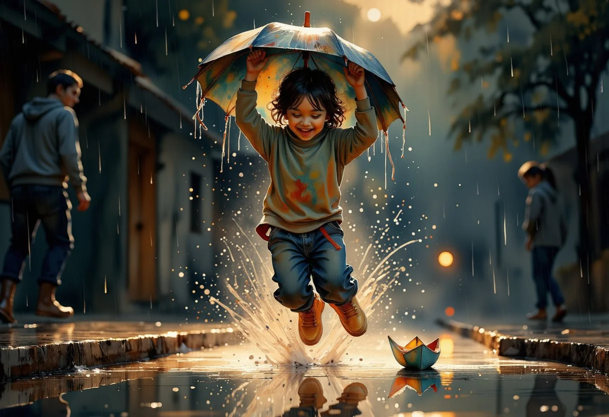 A joyful, mischievous child leaps into a radiant, rainbow-colored puddle, his laughter echoing through the rainy air. His oversized rain boots crash into the water, sending a cascade of dazzling, prismatic droplets into the air, each refracting light like tiny jewels. He holds a playful umbrella, tilted slightly back, its fabric rippling from the motion. His messy hair sticks to his forehead, and his bright, expressive eyes shine with excitement. Delicate paper boats, handcrafted and slightly damp, float on the surface of the puddle, rocked by the ripples of his jump. The scene is cinematic, capturing the precise moment when water erupts into a breathtaking display of colors. The background, softly blurred, suggests a rainy street or park, with faint reflections of city lights or trees in the wet pavement. The lighting enhances the contrast between the cool, rainy atmosphere and the vibrant explosion of hues in the puddle, creating a magical, dreamlike moment frozen in time. watercolor painting.