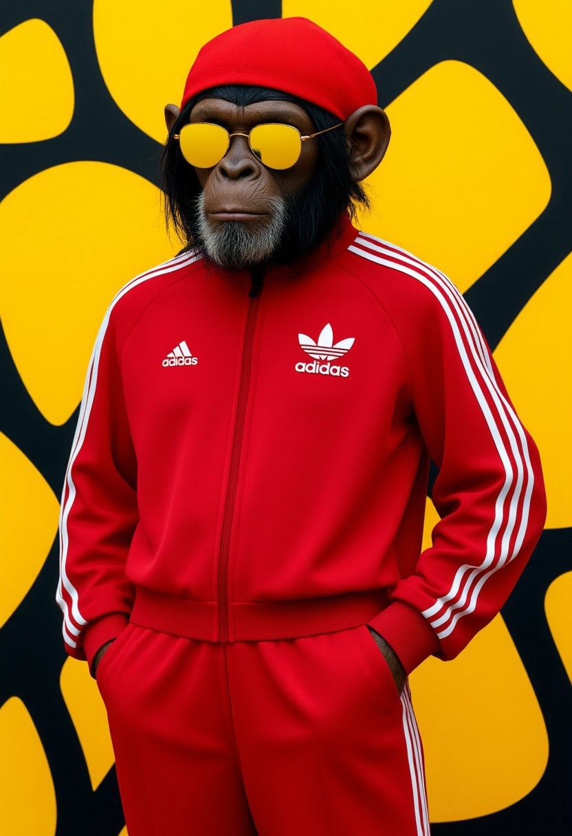 hyperrealistic full-body shot of a chimp with yellow sunglasses wearing a red Adidas-style tracksuit and a red beanie. the background is graffiti shapes in a yellow and black color scheme