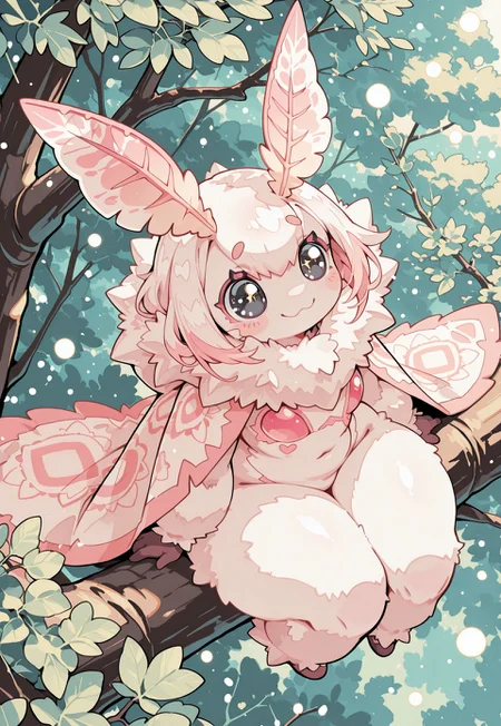 S4bit4mago_illu, sparkling eyes, glitter eyes, s0wasow4rt_illu, Cartoon_Type, score_9, score_8_up, score_7_up, extreme detail, masterpiece, best quality, amazing quality, very aesthetic, high resolution, ultra-detailed, absurdres, (beautiful moth girl), close up, fluffy, (compound eyes), buglike eyes, dynamic angle, from above, full body shot, anthro, ((cute theme)), source_anime, large black eyes, body covered, looking into distance, wings covering body,in tree, sitting on branch, in foliage, soft smile, wearing cloak, curvy, glossy body, puzzled look, dynamic angle, bokeh:1.2,