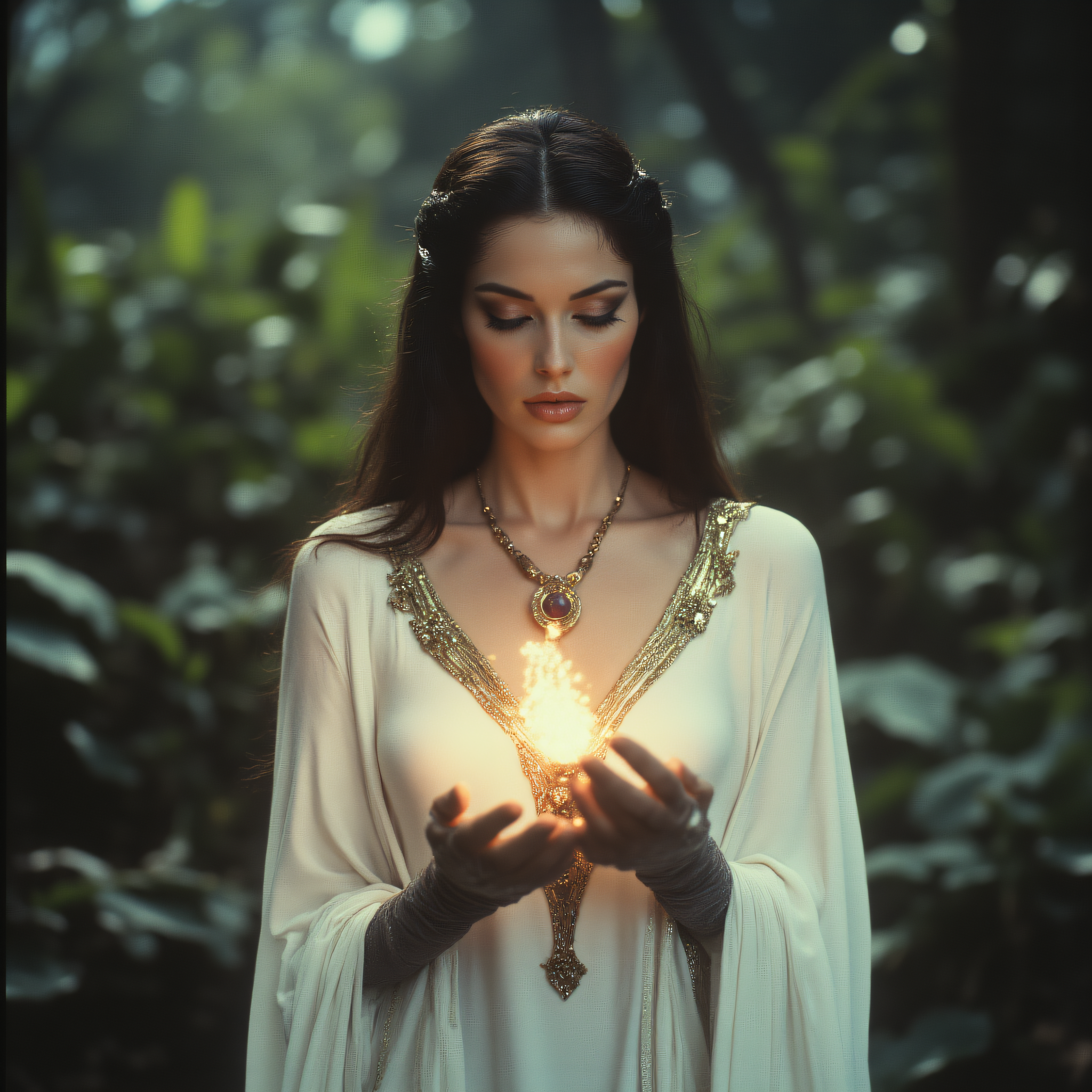 ArsMovieStill, 80s Fantasy Movie Still, The image shows a woman in a white dress holding a light in her hands surrounded by plants in the background., 1girl, long hair, closed eyes, solo, black hair, jewelry, necklace, blurry, upper body, gloves