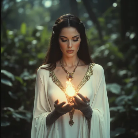 ArsMovieStill, 80s Fantasy Movie Still, The image shows a woman in a white dress holding a light in her hands surrounded by plants in the background., 1girl, long hair, closed eyes, solo, black hair, jewelry, necklace, blurry, upper body, gloves