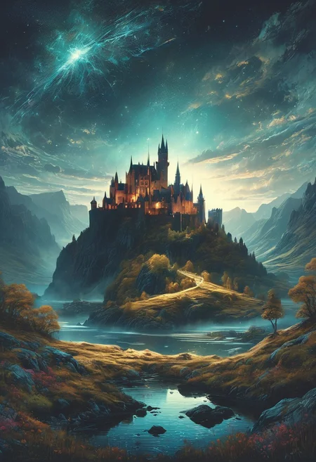 (by Ellen Jewett:1.5), (Bioluminescent Impressionism,) A captivating night scene illustration featuring a beautiful castle on a large hill overlooking a lake in the highlands of Scotland. The castle is ancient but well maintained and updated and comfortable to live in. This enchanting artwork captures a serene and peaceful night, where the moon is just starting to rise over the beautiful highlands and castle which stands resolute amidst highlands, creating a cinematic experience., illustration, cinematic
<lora:DonM3t3rn1tyXL-v1.1:0.7>, DonM3t3rn1tyXL,
OverallDetailXL <lora:MJ52:0.3> <lora:SDXLFaeTastic2400:0.4> <lora:EpicF4nta5yXL:0.7><lora:add-detail-xl:1> <lora:RMSDXL_Creative:2>*Channel_42* ral-wlfnte, PEAnimeBG, scenery, GhostlyStyle
