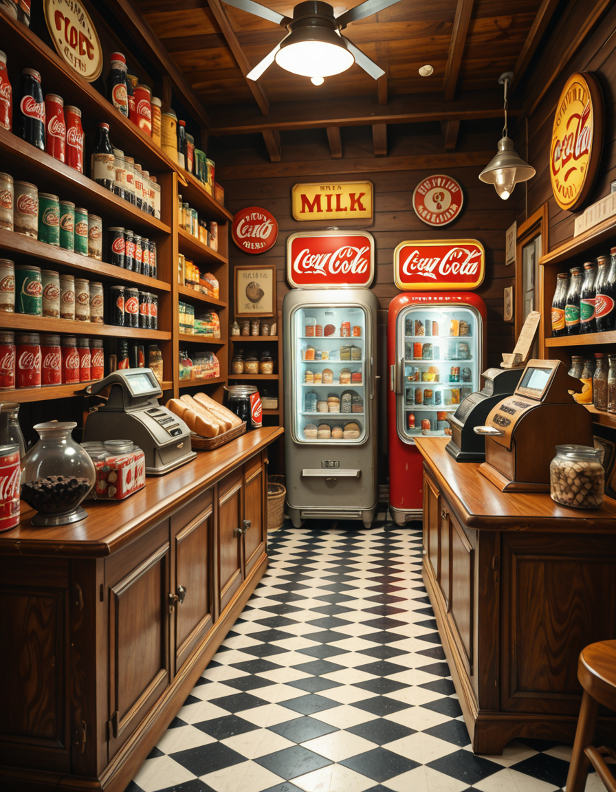 A vintage 1950s grocery store filled with nostalgic details. Wooden shelves neatly stocked with classic canned goods, glass soda bottles, and colorful retro packaging. An old-fashioned cash register sits on the wooden counter, next to a small scale for weighing produce. The checkered black-and-white tile floor adds to the mid-century charm, while hand-painted signs on the walls advertise milk, bread, and coffee in bold, retro fonts. A display of penny candy in glass jars sits near the entrance, and a vintage Coca-Cola refrigerator hums in the background. Soft, warm lighting casts a nostalgic glow over the scene, enhancing the rich textures of wood, glass, and metal, capturing the essence of a bygone era.
<lora:SDXLFaeTastic2400:0.4> <lora:extremely_detailed:0.4> extremely detailed
,1950s grocery st0r3, <lora:1950s_grocery_st0r3-i:1>, Masterpiece,best quality,hi res,8k,hi res,8k,award winning,(sharp focus, intricate, highly detailed),