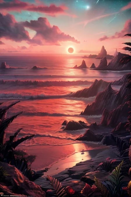 The seashore on another planet is overgrown with plants similar to earthly palms and ferns, the shore slopes steeply down to the water, a rocky shore with small rocks protruding from the foam of the surf, the water is slightly greenish, the sunset sky is painted in light red tones, through which the stars and a large planet are visible, thin white clouds stretch along the horizon, the sun has almost set in the sea. warm colors, Matte painting, artstation, 4k, high resolution, (masterpiece:1.2), best quality