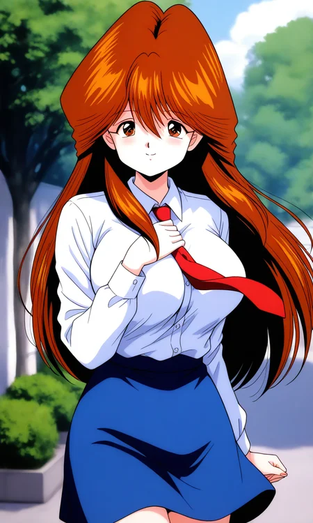 general,highres, ultra-detailed,very aesthetic,best quality , BREAK <lora:Kawai_Iyona_magical_taruruuto-kun_Ver2.0_IS:1>
Kawai_Iyona, 1girl, solo, long hair, brown hair, brown eyes, bangs, large breasts, hair between eyes,
smile, red necktie, blue skirt, smile, shirt, long sleeves, looking at viewer, white shirt,
cowboy_Shot, collared shirt, hand on own chest, outdoor, day,