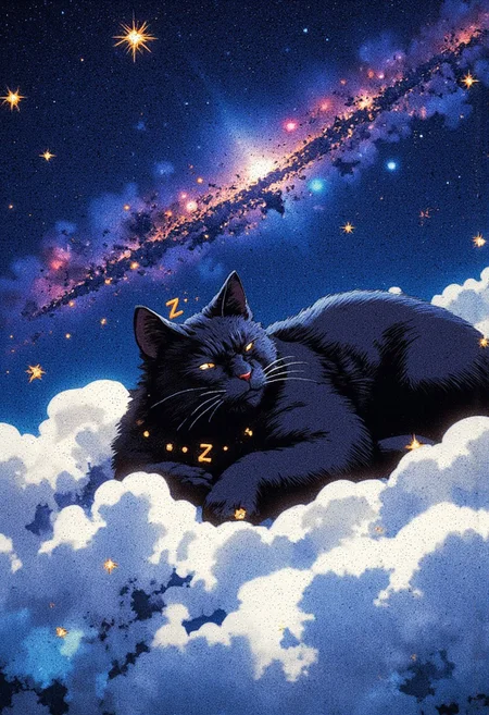An illustration depicting a black cat lying comfortably on the clouds. Small letters Z around its head to indicate its sleeping.its muzzle expressing satisfaction and peace with a light smirk.Against the background is the night starry sky with bright stars and a nebula.creating a sense of fabulousness and magic. Little fireflies fly about