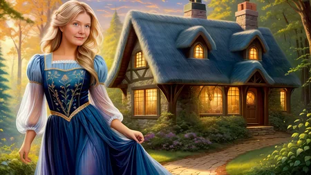 (background of a <lora:Thomas Kinkade Style:1>Thomas Kinkade Style - Thomas Kinkade style portrait of a cottage in the woods with beautiful scenery. Highly detailed)
(1 cute girl:1.8),(caucasian:1.8),(Standing with one hand on the hip),(age 25),(chubby body:1.3),(straight body:1.8)(Jubilant Expression),(long blonde hair:1.5),(Choppy Layers),(wide hips:.9),(thick thighs:.9), (<lora:flat_chested_v4:1.5>),
( (Dark Blue:1.8) fairy dress),(long skirt), (puffy sleeves),(intricate embroidery),(lace),(sheer),<lora:xl_fairy_dress-1.0:0.5>
