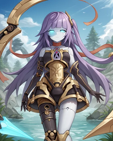 score_9, score_8_up, score_7_up, score_6_up, score_5_up, score_4_up, BREAK source_anime,<lora:add-detail-xl:1>,<lora:Expressive_H:1>,
<lora:Orphegol Galatea _1PONY:1>,orphegol galatea, 1girl, solo, long hair, purple hair, blunt bangs,Blue glowing eyes, android, joints, hair ornament, colored skin, bare shoulders, duel monster, elbow gloves, asymmetrical legwear,