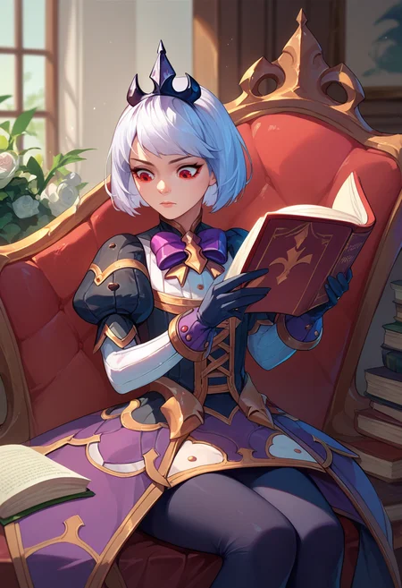 score_9, score_8_up, score_7_up, 1girl, Orphea, tiara, white hair, short hair, red eyes, gown, puffy sleeves, leggings, black gloves, purple bow, indoors, sitting, reading, <lora:Orphea DORER:1>