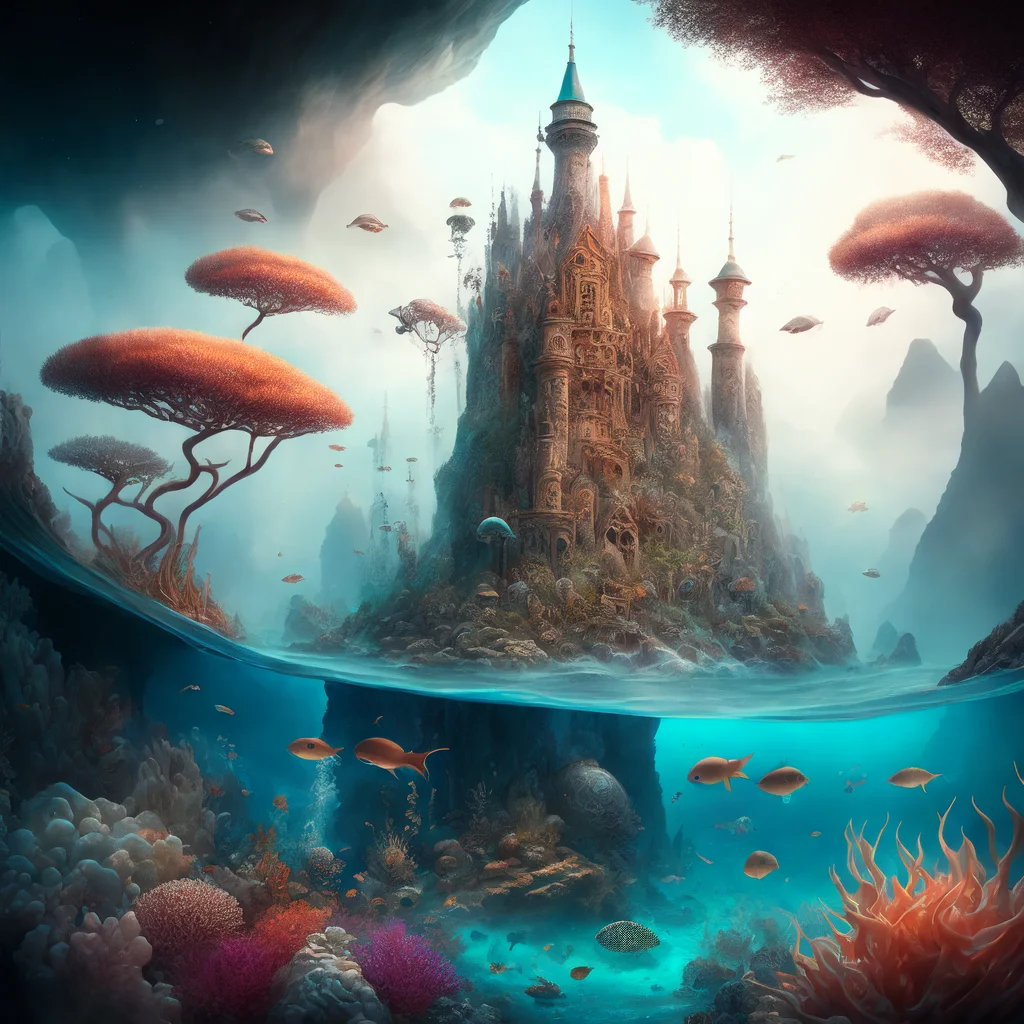 photo (oceanicrealms style:1) a painting of a castle surrounded by sea life <lora:djzOceanicRealmsV21_LoraBooth:1>