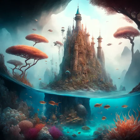 photo (oceanicrealms style:1) a painting of a castle surrounded by sea life <lora:djzOceanicRealmsV21_LoraBooth:1>