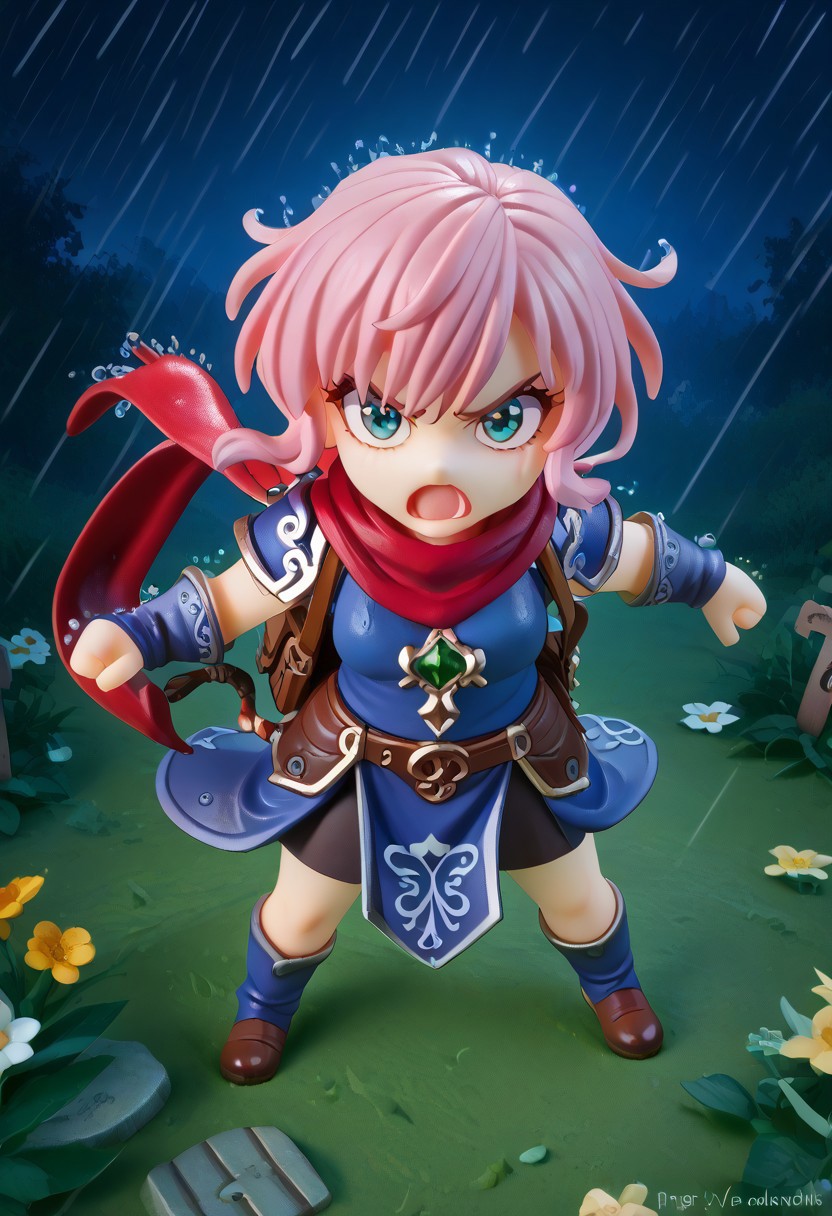 score_9, score_8_up, score_7_up, score_6_up, score_5_up, score_4_up, 1girl, Gnome, short stature, big eyes and ears, pink hair, fauxhawk, blue eyes, dark skin, outdoors, night, dark, cloudy, night sky, ((rain)), wet, wet clothes, wet hair, cloudy, detailed, beautiful, cute eyes, open mouth, warrior armor, shield, fantasy armor, green jewel on breastplate, red scarf flapping in wind, large brown backpack, 4fingers, fist, glade, flowers, trees, standing on grass, angry, determined, fight, from above, high angle, heroic, graveyard, skeletons,