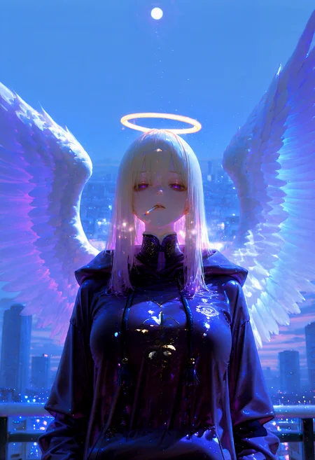 HDR, 8K, high contrast, masterpiece, best quality, amazing quality, very aesthetic, superabsurd res, high resolution, ultra-detailed, absurdres, newest, scenery, (horikoshi kouhei:0.3), (quasarcake:0.3), (wlop:0.3), lightrays, chiaroscuro, dynamic angle, 1girl, blonde hair, angel, angel wings, white wings, glowing wings, yellow halo, purple eyes, empty eyes, traumatized, upper body, cigarette, smoking, looking at viewer, huge wings, tall wings, folded wings, bags under eyes, half-closed eyes, dark eyes, pastel colors, detailed, (nakamura_regura:0.45), (ningen mame:0.45), (laserflip:0.45), (shpo:0.50), outdoors, outdoors, tokyo, cityscape, (dawn), sun, blue sky, bright, 7481llu, dust, (light particles:1.55), godrays, crack of light, backlighting, partially illuminated, Intricately designed, Mysterious Shadows, BREAK, photorealistic, beautiful detailed eyes, detailed skin, detailed hair, volumetric lighting, dappled light, light particles, dramatic shadows, cinematic lighting, photo background, depth of field, <lora:ponyxl\cfg_scale_boost:0.7> <lora:IL\748cm_illu:0.8> <lora:IL\unitynaystyle:1>