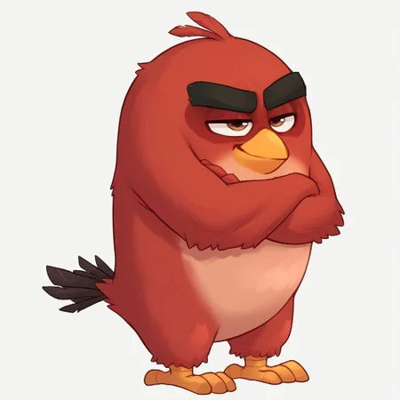 red_bird, b4n4n4d4b0i, angry birds, score_9, score_8_up, score_7_up, score_6_up, score_5_up, score_4_up, source_furry, hi res, sfw. 2D artwork.
red plumage, robust body, black eyebrows, thick eyebrows, small beak, brown eyes, round body, red head tuft, tail feathers, feathered hands, winged arms, under-eye circles, bird, short legs, solo, avian feet.
White background, crossed arms, serious look, smirk, standing, full body.