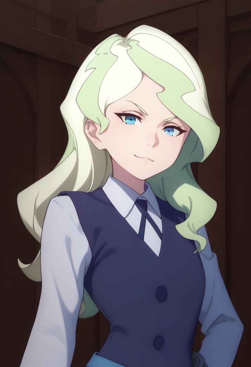 score_9, score_8_up, score_7_up, source_anime, highly detailed, 
diana, 1girl, solo, blue eyes, school uniform, long hair, luna nova school uniform, blonde hair, looking at viewer, skirt, light green hair, smile, smirk, multicolored hair, long sleeves, shirt, two-tone hair, white shirt, frown, upper body
outdoor,