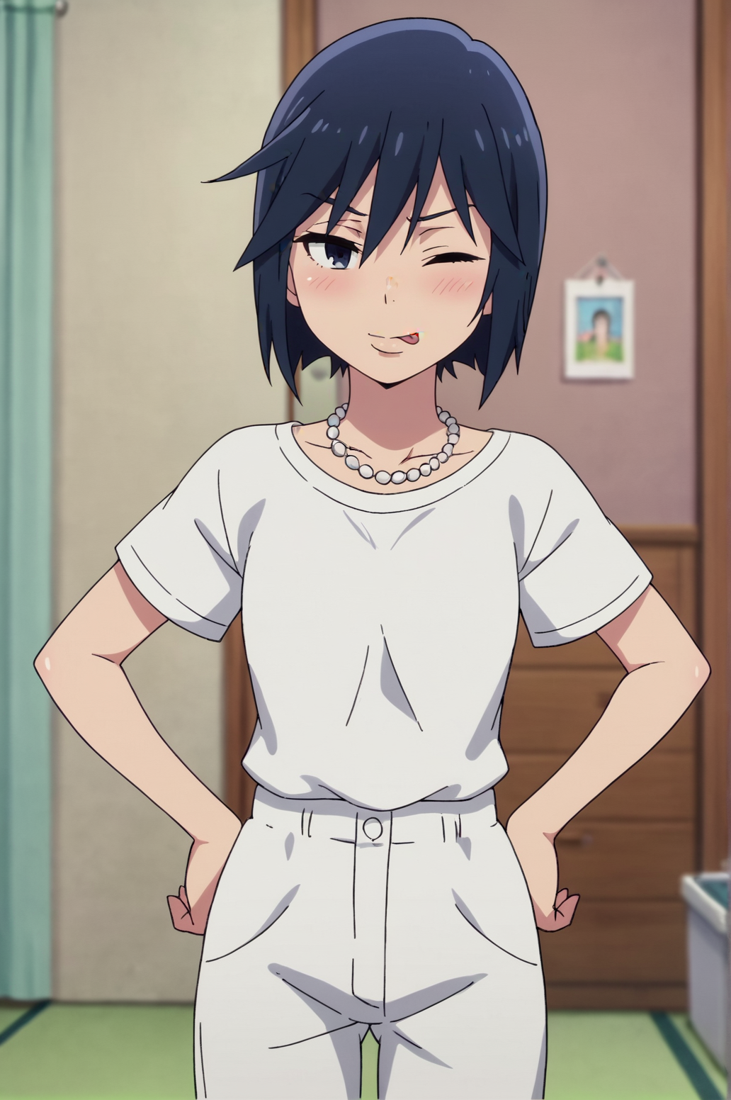 score_9, score_8_up, score_7_up,anime_source, source_anime, best background, detailed background, anime screencap,  Sachiko Fujinuma, short hair, indoors, blush, naughty face, one eye closed, tongue out, naughty face, hands on hips, <lora:JN_Sachiko_Fujinuma:0.8>