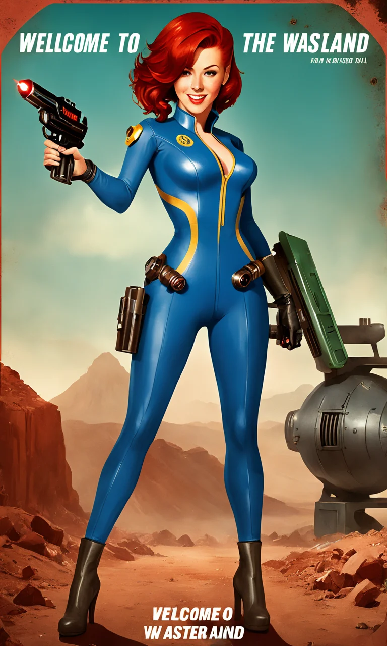 poster of a woman wearing blue vault jumpsuit holding a laser gun, text "welcome to the wasteland", falloutpostsdxl,<lora:falloutpostsdxl:0.8>, cleavage, red hair,
