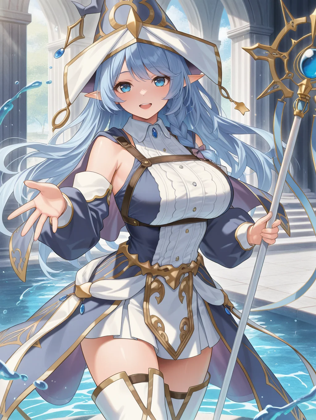 water enchantress of the temple, blue witch hat, witch dress, blue detached sleeves, white thighhighs, outstretched hand, temple, 1girl, solo, staff, holding staff, open mouth, smile, water, looking at viewer, large breasts, indoor
masterpiece,best quality,amazing quality,very aesthetic,absurdres,newest,<lora:Water Enchantress of the temple illuXL v1.1:0.7>,