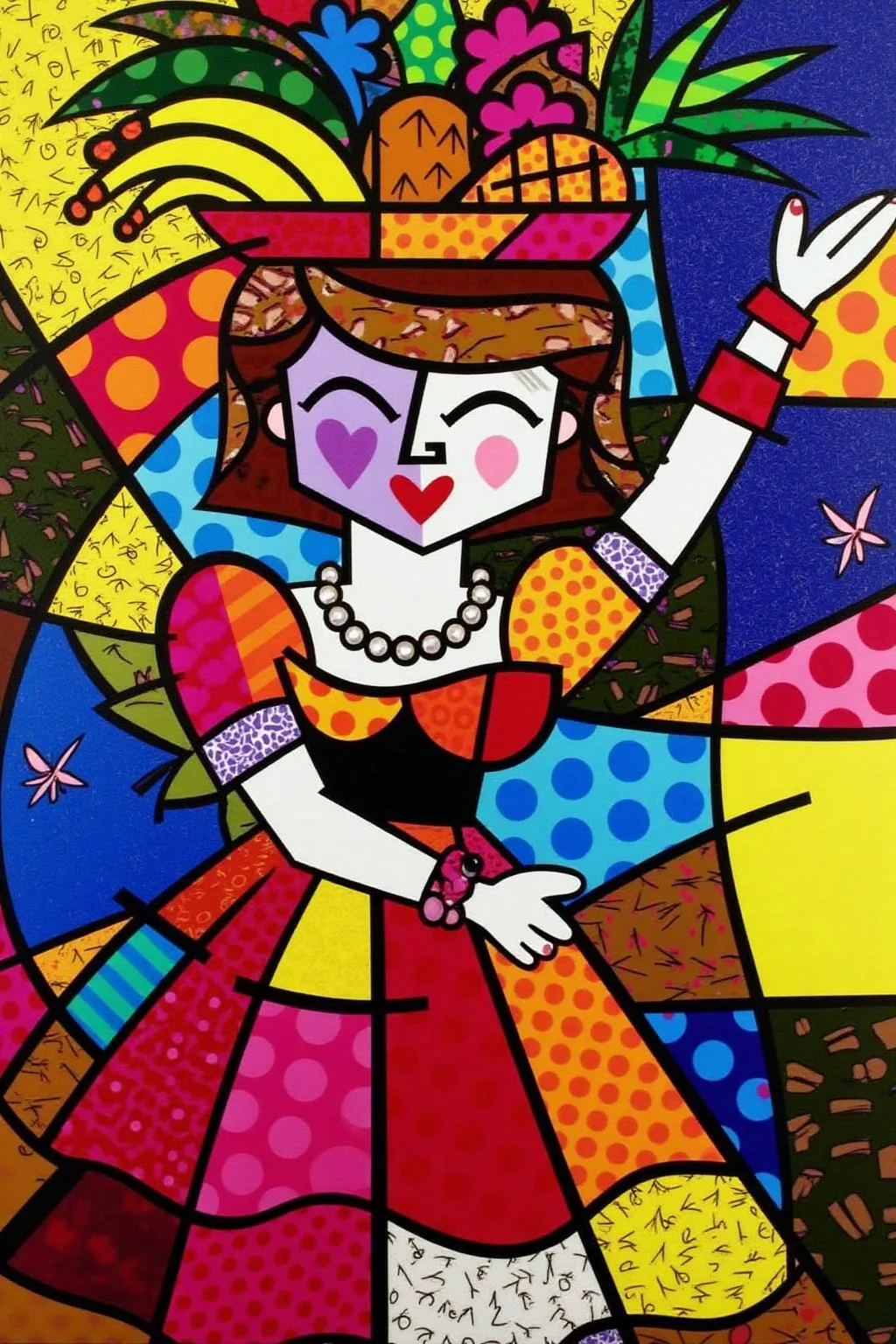 romeb1 illustration.
A woman dancing, wearing a hat filled with fruits such as bananas and a pineapple. She wears a pearl necklace and a red bracelet on her right arm. <lora:romeb1_cap_d6a3e12:1.0><lora:829125376438549793:0>