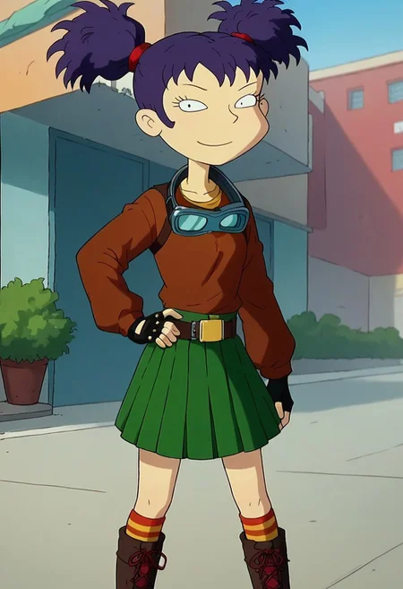 score_9, score_8_up, score_7_up, courtyard, extremely detailed, Ki_mi2, purple hair, twin tails, 1girl, solo, goggles around neck, multicolered shirt, brown shirt with yellow long sleeves, fingerless gloves, green short skirt, bare knees, striped knee high socks, dark red boots, standing, looking at viewer, hand on hip,