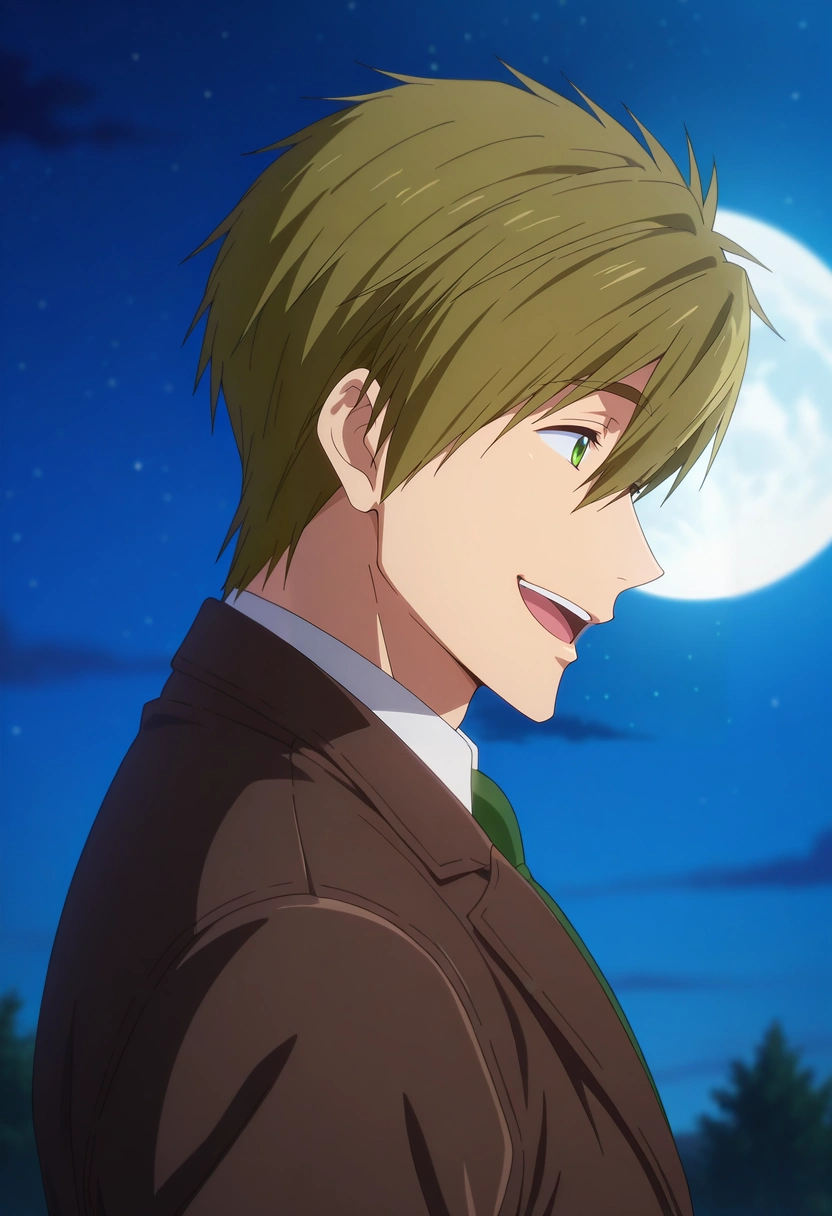 masterpiece, best quality, , anime screencap, anime coloring, , , 1boy, solo, male focus, <lora:makoto_tachibana_ilxl:0.92>, makoto_tachibana, brown hair, green eyes, hair between eyes, tachibana makoto, profile, prairie, night, full moon, arms at sides, laughing, gangster costume
