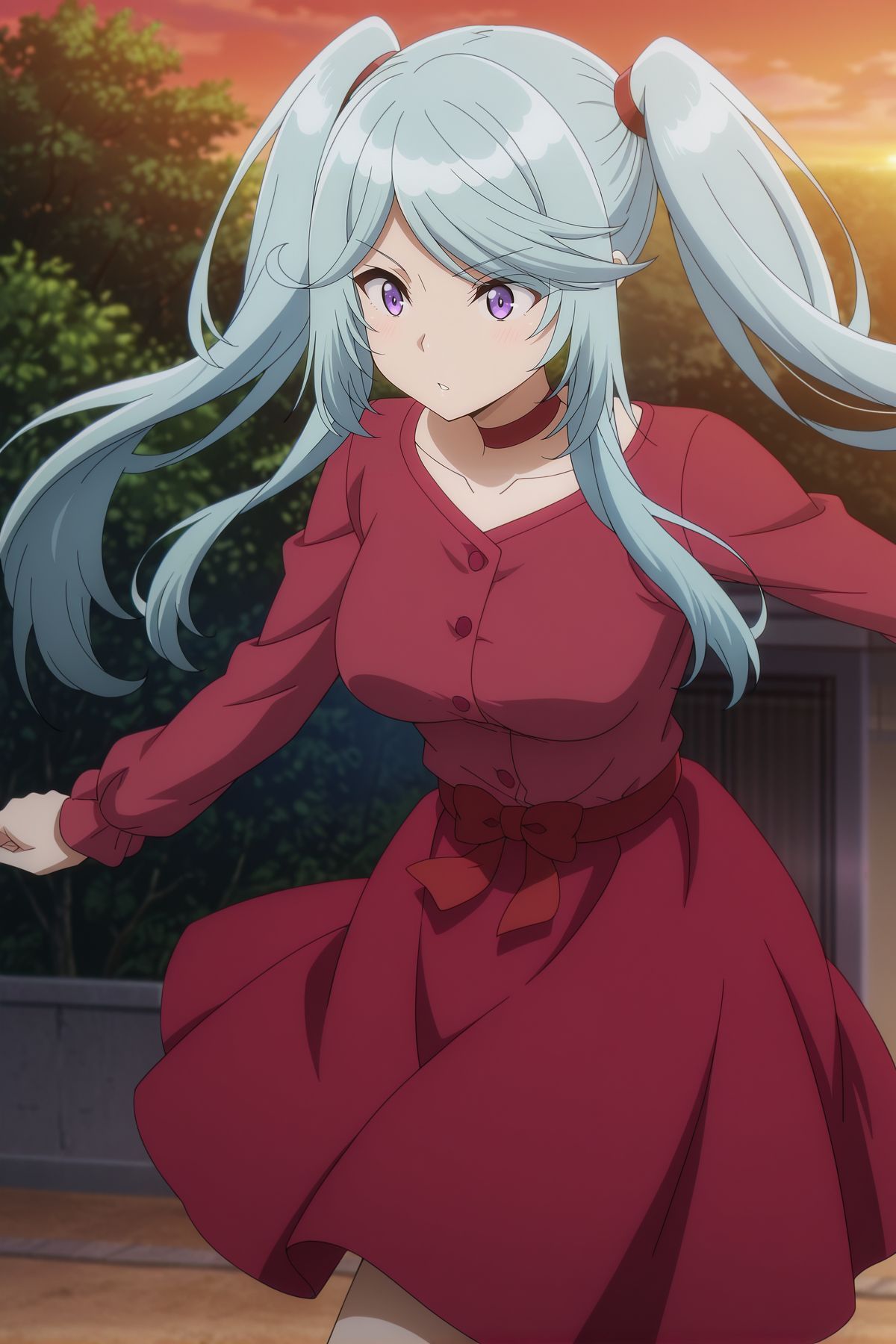 absurdres, highres, masterpiece, best quality, amazing quality, official anime artwork, screencap, anime screencap, outdoors, dynamic pose, 
 <lora:Epsilon_Illustrious:1> Epsilon, 1girl, solo, purple eyes, blue hair, long hair, twintails, swept bangs, sidelocks, medium breasts,, red choker, red dress, long sleeves, red bow, red skirt,