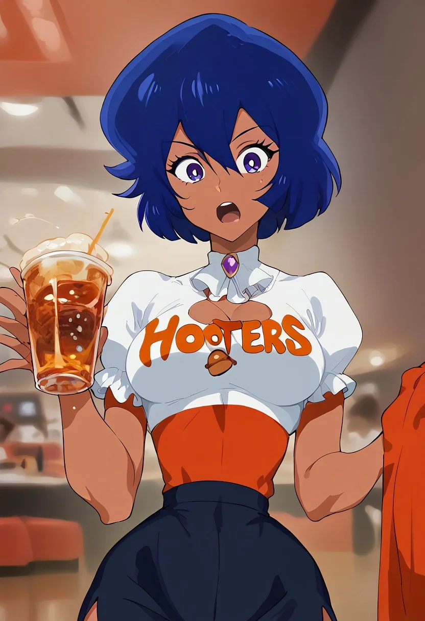score_9, score_8_up, score_7_up, score_6_up, 2d, cartoon, 1girl, solo, cowboy shot, perfect face, perfect eyes, anime girl, Misty Honey, tanned skin, blue hair, short hair, purple eyes, surprised face, motherly face, shocked, thin waist, slim waist, standing, looking down at viewer, medium breasts, bubble butt, hooters uniform, upper body focus, hooters diner