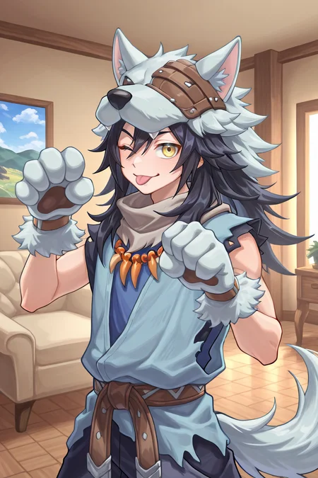 <lora:FlunkyIL:0.8> , fludef, 1boy, black hair, long hair, yellow eyes, wolf hat, wolf hood, wolf pelt, wolf tail, grey scarf, bandana around neck, necklace, tooth necklace, fur trim, blue vest, torn clothes, paw gloves, cowboy shot, ((paw pose)), indoors, living room, smile, winking, :P, solo, looking at viewer, masterpiece, very aesthetic, absurdres, best quality, amazing quality, high resolution, detailed background, <lora:illustrious_quality_modifiers_masterpieces_v1:0.8> , <lora:ChamIllustriousBackgroundEnhancer:0.5>
