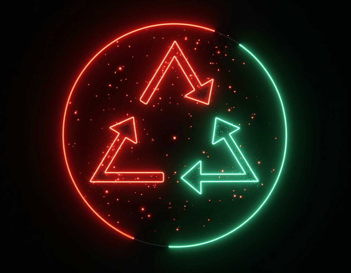 A top-down view of a circular image that is shaped like a triangle with a black arrow on it. The colors are red and green, the arrow is pointing to the right and has a black arrow pointing to the right. The image is very dark, and it is an illusion of an illuminating area. There are a lot of red dots and lines in the middle, going across the image. This creates a sense of depth and movement.dramatic lighting,