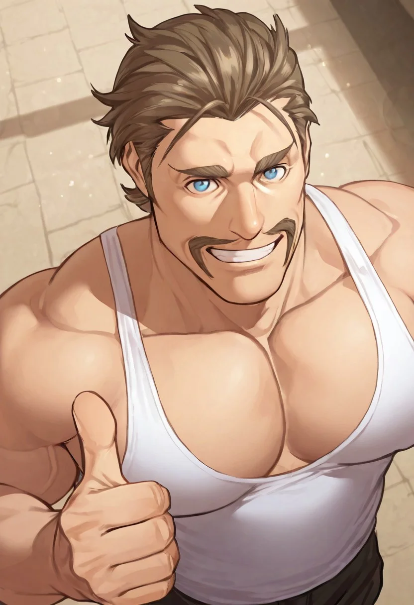 score_9, score_8, score_7, solo, 1 boy, male focus, alois_rangeld, brown hair, slicked back hair, light-skinned male, blue eyes, moustache, looking at viewer, big pecs, slim waist, portrait, up close, face and chest focus, soft grin, tank top, thumbs up, angled view, view from above, ((detailed face, detailed body, detailed eyes, perfect eyes, perfect face, perfect pupils, detailed background, perfect hands, perfect anatomy,)) masterpiece, high quality, best quality, deep ocean, bokeh depth of field,
<lora:Yuanwu_(Wuthering_Waves)_[ILXL]:1>