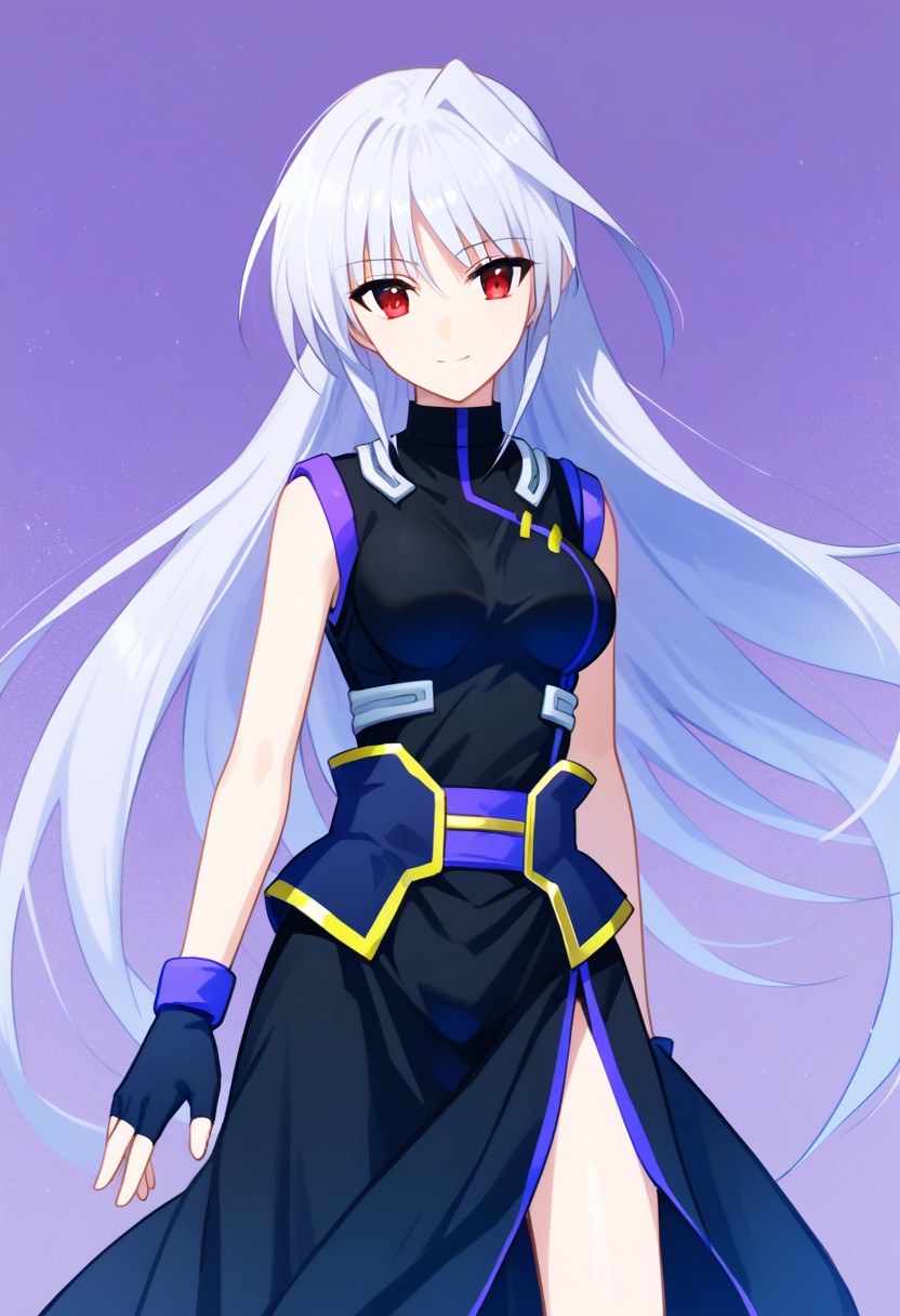 score_9, score_8_up, score_7_up, source_anime, solo, 1girl, Reinforce, long hair, white hair, single hair intake, red eye, long dress, black dress with purple trim, side slit, black gloves with purple trim, fingerless gloves, black corset with gold trim, sleeveless dress, bare shoulders, standing, smiling