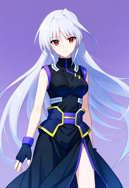 score_9, score_8_up, score_7_up, source_anime, solo, 1girl, Reinforce, long hair, white hair, single hair intake, red eye, long dress, black dress with purple trim, side slit, black gloves with purple trim, fingerless gloves, black corset with gold trim, sleeveless dress, bare shoulders, standing, smiling