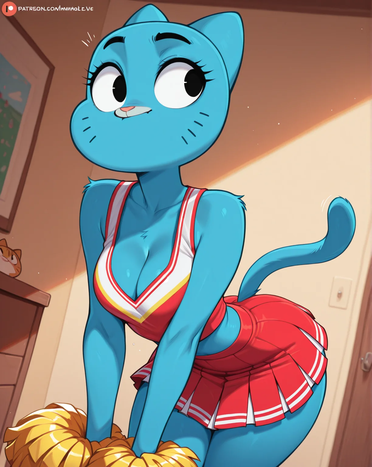 masterpiece, amazing quality, best quality, dynamic angle, eye level
1girl, solo, Nicole Watterson, blue fur, anthro, black eyes, cat ears, cat tail, cheerleader, red skirt, cleavage, <lora:NicoleWatterson_ILL_r1:1>