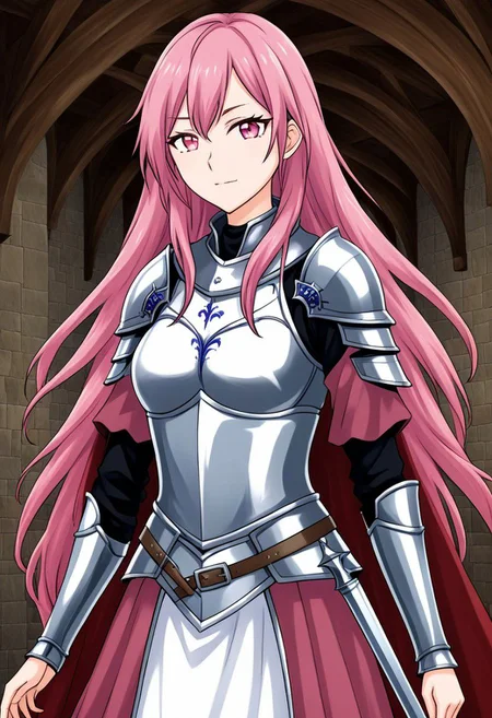 masterpiece, best quality, 8k, "visual novel"
kd_vnstyle
1girl, (solo)
(24 years old, 24y.o, adult)
pink eyes
royal hair
(medieval armor, fantasy:1.1)