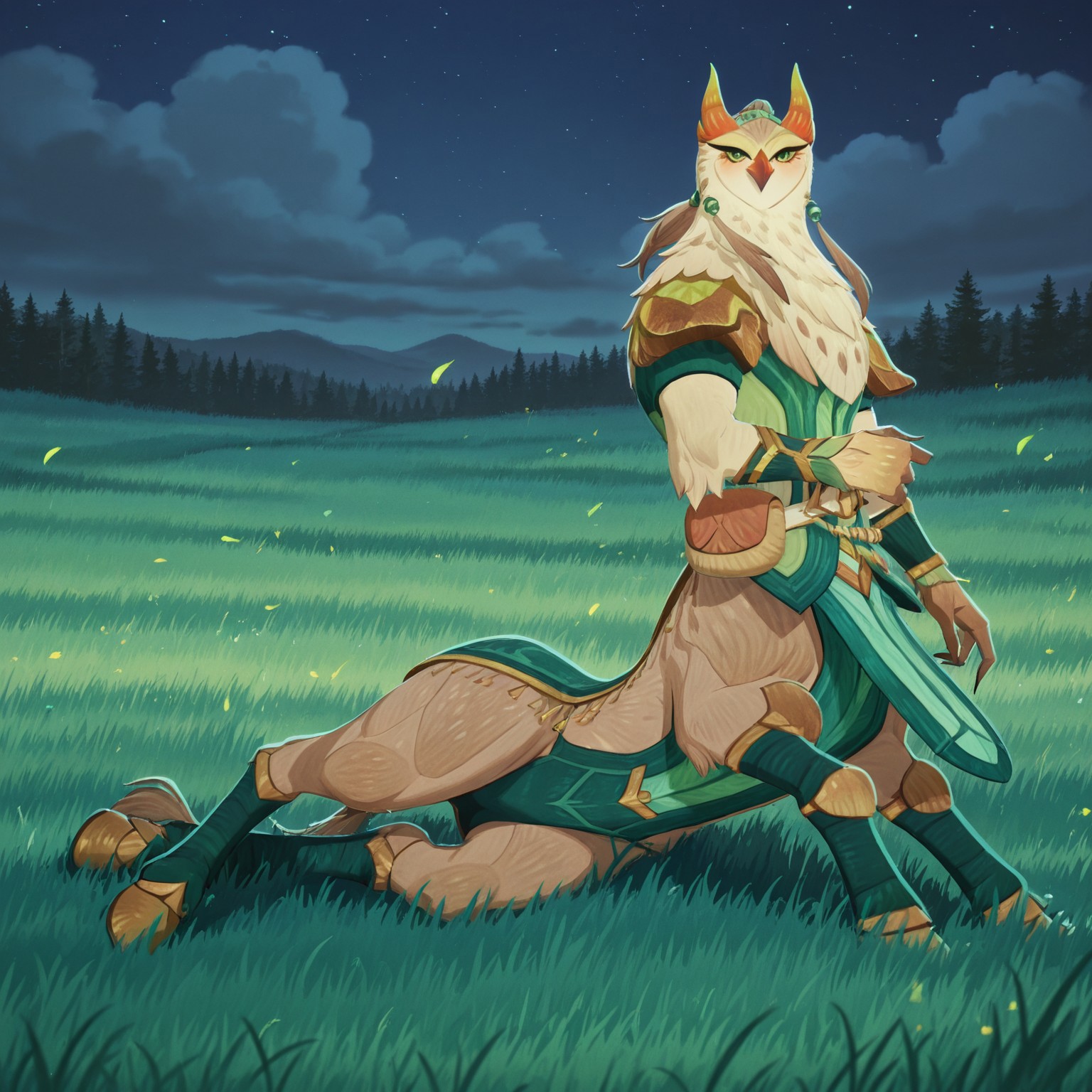 Solo, 2d, male, bird, owl, centaur, furry, furry male, green eyes, red beak, feathers, brown fur, white fur, orange horns, tail, ponytail, belt, green clothing, orange pauldrons, green wristbands, green legbands, jewelry, standing, 

BREAK (lying, lying on side), looking at viewer, arm support, outside, night, smile