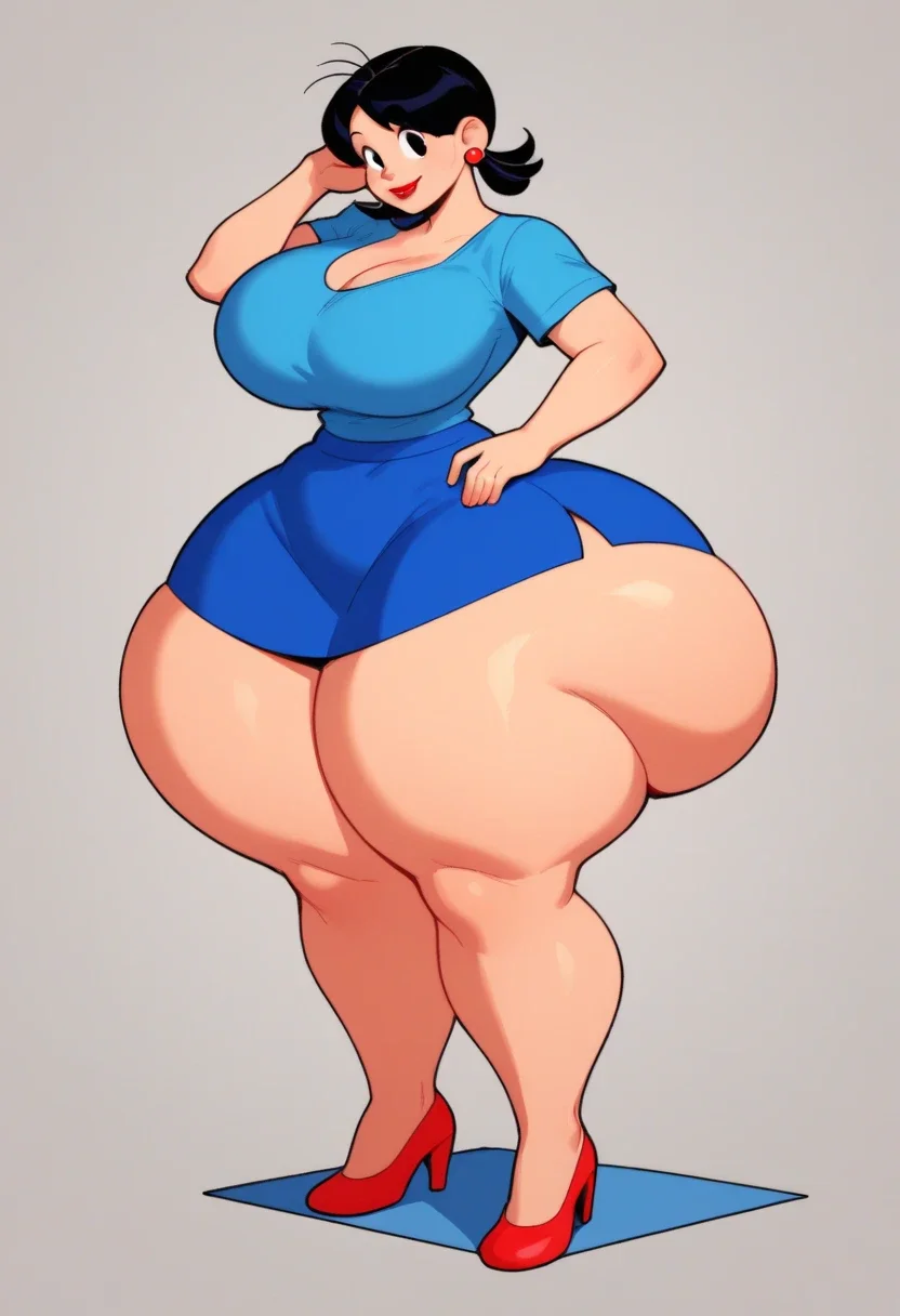 DonaLiliTDM, 1girl, black eyes, black hair, three strands of hair that seem to resemble pigtails, red lipstick, lips, blue shirt, blue skirt, red earrings, red high heels, solo, full body, core_9, score_8_up, score_7_up, source_anime, 2d anime, masterpiece 2d art, feminine hips, hyper hips, hyper ass, hyper thighs, hyper breasts, soft smile, arcade background, solo, dynamic pose,