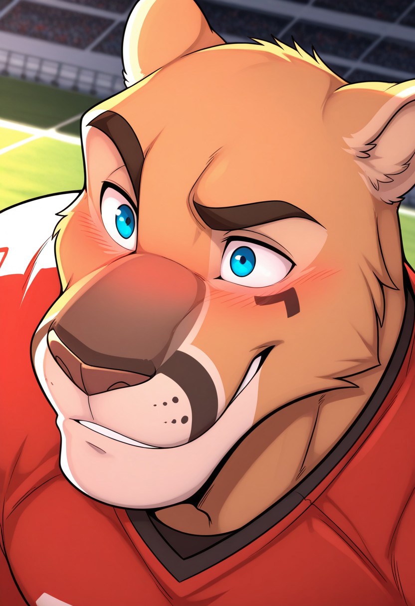 <lora:Jacobv2:0.8>, solo, jacob, cougar, male, manly, blue eyes, red shirt, football uniform, sportswear, eye black, face focus, portrait, upper body, smile, blush, dynamic angle, BREAK masterpiece, 4K, separate focus, best quality, amazing quality, very aesthetic, high resolution, chromatic aberration, cinematic lighting, extremely-detailed, depth of field, newest, scenery, detailed fur, detailed muscles