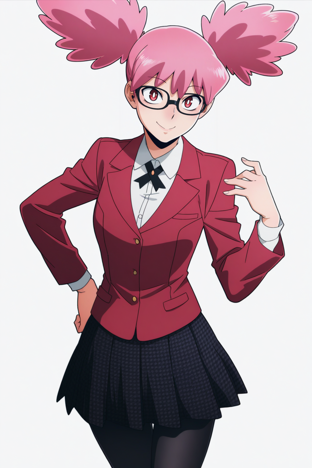 masterpiece, best quality, amazing quality,
1girl ,solo, standing, (white background, blank background, looking at viewer:1.2), cowboy shot, smile,  cross tie, collared shirt, white shirt, checkered skirt, pleated skirt, black skirt, black pantyhose, red jacket, (aged up:1.2), natural pose, Main Outfit,
two bunches of hair, short hair,
 <lora:il_contrast_slider_d1 (Ð¦ÐÐÐ¢ ÐÐÐ Ð¢ÐÐÐÐ):-0.8>
<lora:Kazuho Haneyama:0.8> kazuho_haneyama, 1girl,