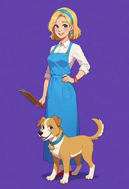 score_9, score_8_up, score_7_up, score_6_up, CasGAC, masterpiece, best quality, detailed eyes, detailed face, perfect eyes, high detailed, absurdres, highres, BREAK 1girl, woman, young, solo, veterinarian, slim, smile, pretty, blue eyes, medium breasts, blonde medium hair, single pigtail with blue elastic band, blue headband, BREAK blue small earrings, BREAK white short shirt with buttons, BREAK ((blue apron with white dog paw)), BREAK gold nap on blue apron, single pocket in the middle of blue apron, blue denim pants with turn-ups, BREAK wide blue armband with white star on the left arm, BREAK red court shoes, red pump shoes, BREAK yellow lion-shaped nap on red clipboard, pink dog paw in the middle of red clipboard, BREAK right hand holding red clipboard with sheets, left hand is bent at the wrist from behind on the hip and holding a purple pan, BREAK looking at viewer, standing, full body shot, semi-sideways, BREAK simple background, purple background
