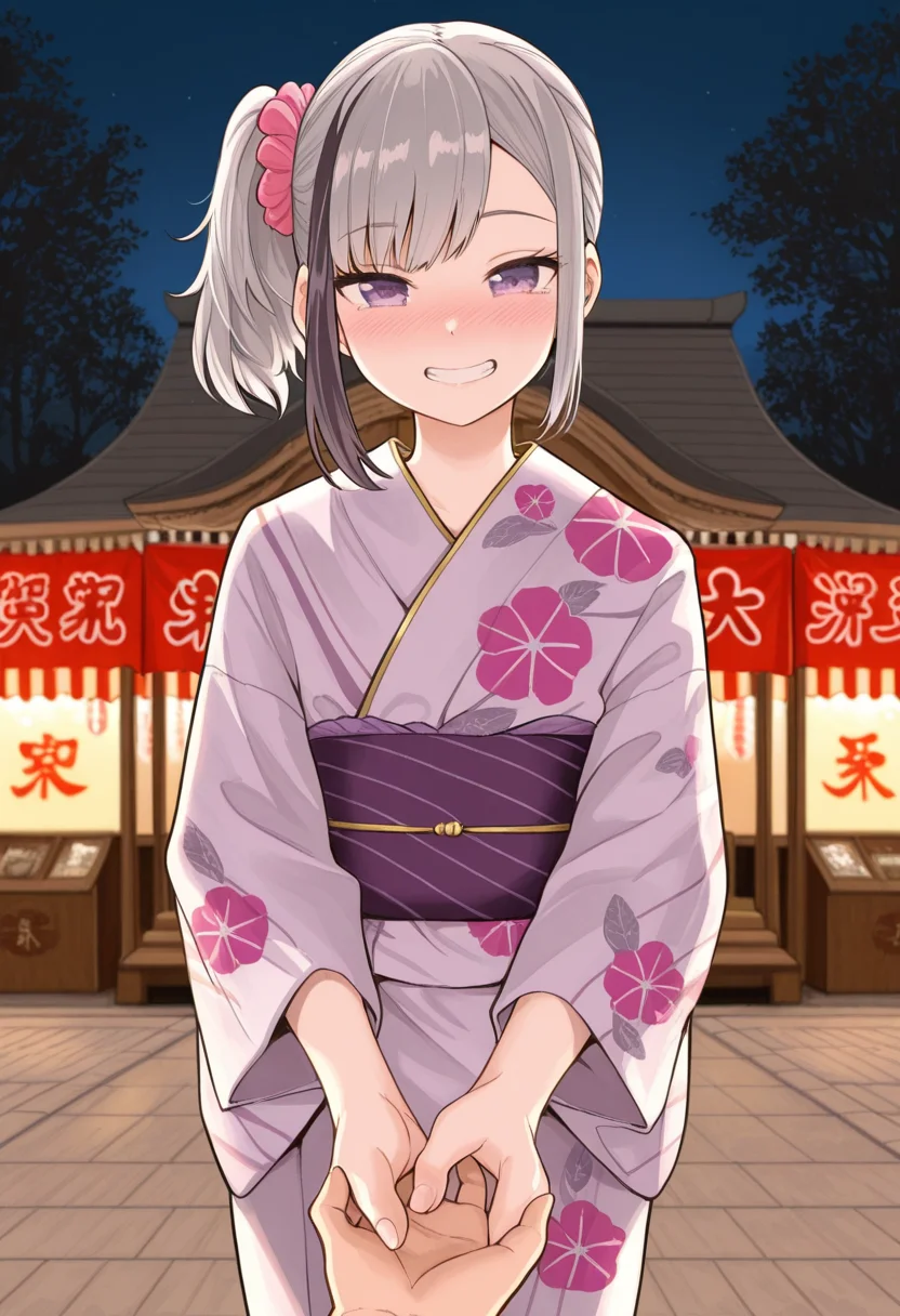 masterpiece,best quality,amazing quality, solo, 1girl, adult, side ponytail, smile, purple eyes, multicolored hair, grin, grey hair, streaked hair, hair ornament, pink scrunchie, blush, bangs, standing, print kimono, gold trim, night, japanese clothes, japanese festival, shrine, cowboy shot, hand holding, pov, f0r0m0t0t4k3ru, <lora:Furumoto_Takeru_Style_IL:1>