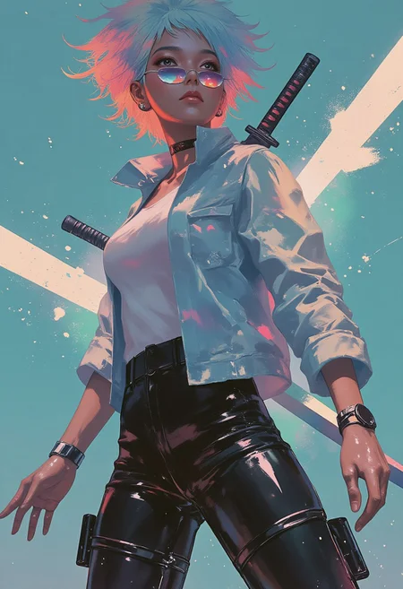 An Asian woman in a glossy white latex jacket and black pants strikes a dynamic pose with sporty sunglasses featuring Prizm 24K Polarized lenses. Her hair is styled in a short, stylish buzz cut with a bald fade, where the sides fade into a clean, tapered line. The background glows with a neon teal light, pulsing with brightness so intense that it creates a surreal, glowing effect around her. The katana swords criss-crossing her back shimmer with metallic sheen, their edges reflecting the cool teal light. The combination of the glowing teal and the contrast of her white latex suit creates a striking, futuristic look, with the glowing neon accentuating the sharp lines of her powerful, confident stance. (Detailed hand, Hand, Perfect hand, in the style of Jed-clrfl)