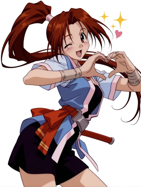 masterpiece,best quality,newest,
1girl,solo,
anime screencap,<lora:sakura_ilxl_v1.0>,sakura,high ponytail,brown hair,brown eyes,
s_clothes,short_sleeves,open clothes,belt,ribbon,black short culottes,
<lora:Fixhands_anime_bdsqlsz_V1:1>,white_background,simple_background,face_focus,looking_at_viewer,light_blush,sparkle,portrait,one eye closed,heart hands,arched_back,laughing,cowboy_shot,front view,