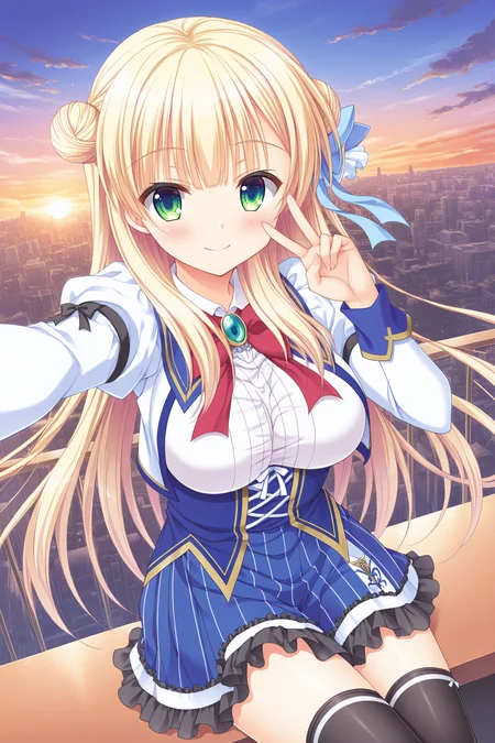 masterpiece, best quality, high quality, detailed, absurdres,newest, scenery, 1girl, solo, official style,best perspective,depth of field, very_aesthetic, best_quality ,high_resolusion, (8K:1.5),,crisp quality, ultra detailed,perfect anatomy,perfect lighting,anime screencap, perfect eyes,detailed eyes,<lora:Sylvia_Final_IL:1>,1girl,Sylvia,blonde hair,long hair,green eyes, bangs, uniform sylvia long sleeves, juliet sleeves, large breasts, hair bun, double bun, odango hair, uniform top, blue trim, gold trim, chest bow, red chest bow, pleated skirt, skirt, blue skirt, black frills,black_thighhighs, bow thighhighs, white bow thighhighs, single hair ribbon, right hair ribbon, large hair ribbon, light_blue_hair_ribbon, gemstone ribbon, green gem, decorative ribbon, layered_hair_ribbon,white sleeves,
1girl, solo, v, smile, looking at viewer, sunset, sitting, selfie, cityscape, sky, outdoors, closed mouth, city, cloud,