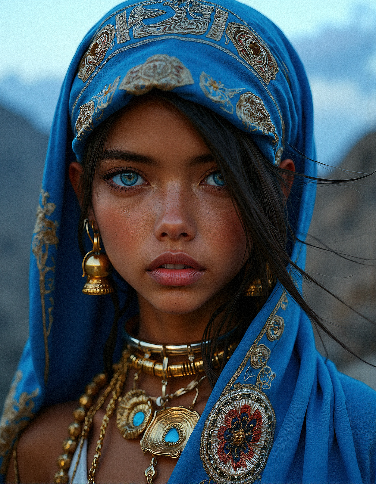  hyper-realistic photography close-up portrait of a conservative tribal young tanned  beauty wearing a traditional headscarf, with an emphasis on cultural heritage and intricate details. The headscarf, in a rich azure blue, is adorned with delicate golden embroidery, featuring geometric and floral motifs that seem to shimmer as they catch the light. The fabric should look soft and luxurious, with slight folds that reveal its texture and weight. Her bright eyes,  large and almond-shaped, with long eyelashes, should be rendered with meticulous detail, showing flecks of gold in her light beige colored irises that catch the ambient light. She wears large, ornate gold earrings with embedded jewels, reflecting hues of blue and red that complement her attire. A series of golden bangles adorns her wrist, with each bangle showcasing unique etchings and a subtle sheen that adds depth to the scene. The multi-layered necklace on her chest should look heavy and intricate, with each link and pendant reflecting the light in a way that conveys realism and richness. Her skin is very tanned with warm undertone, with a gentle blush across her cheeks and nose, suggesting a natural glow. (The background Jagged mountains in the background, barely visible under the moonlight, adding a sense of scale), contrasting with the blue of her scarf and enhancing the warmth of her skin. The lighting should be soft yet direct, illuminating her features and jewelry, casting subtle shadows that add depth and realism. Capture the texture of her skin, the softness of the fabric, and the cool, reflective surfaces of the jewelry to create a lifelike and immersive portrait that honors her cultural heritage and individual beauty. Add a slight breeze that lifts a strand of hair across her face, adding a sense of movement and intimacy to the composition, making the viewer feel as if they are sharing a moment of quiet contemplation with her.




