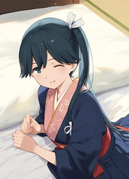 score_9, score_8_up, score_7_up, masterpiece, best quality, absurdres, official art, official style, (anime screencap, megami magazine:1.2), zPDXL2, zPDXLxxx, <lora:Shibafu_Style_Pony_v1:0.8>, 1girl, solo focus, shibafu_style, <lora:houshou.pony:0.8>, houshou, def, blue eyes, black hair, very long hair, side ponytail, hair ribbon, white ribbon, kimono, hakama, <lora:neg4all_bdsqlsz_xl_V91:1.0> <lora:ALTXL_pony_0061_8:2.0>, <lora:detailed_hands-000002:1>, hand, (nude:-1.2), (completely nude:-1.2), bedroom, on bed, bed sheet, morning, dim lighting, light particles, on stomach, from above one eye closed, parted lips, smile, looking at viewer,
